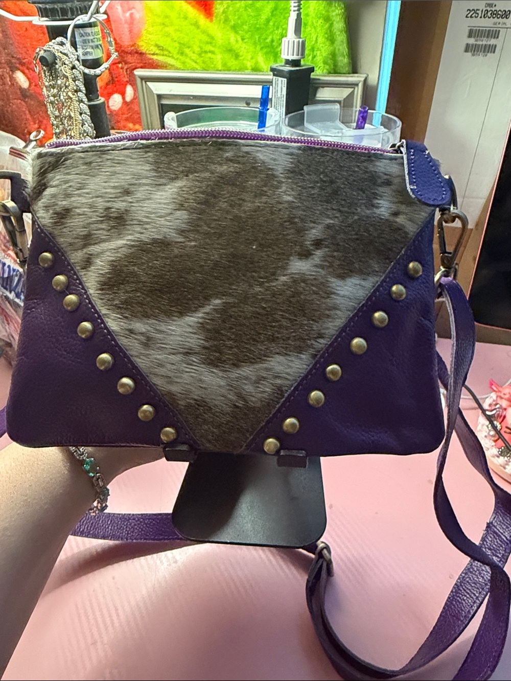 Purple Leather & Cowhide Stud-Accent Crossbody Bag
